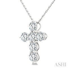 1 1/2 Ctw Round Cut Diamond Christian Cross 6-Stone Fashion Pendant With Chain in 14K White Gold