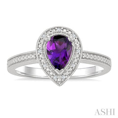 7x5 MM Pear Shape Amethyst and 1/50 Ctw Round Cut Diamond Semi-precious Ring in Sterling Silver